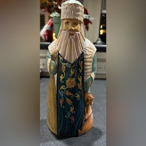 Vintage Hand Carved Ukrainian Decorative Santa with Blue and Gold Accents